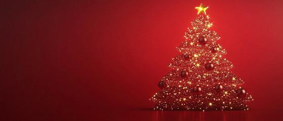 Wall Mural - christmas tree with lights isolated on red background with copy space	