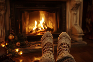 Wall Mural - person in socks warming feet near open fireplace	