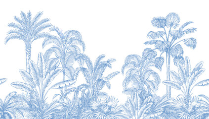 toile tropical vintage botanical palm trees, banana tree, plants seamless border white background. b