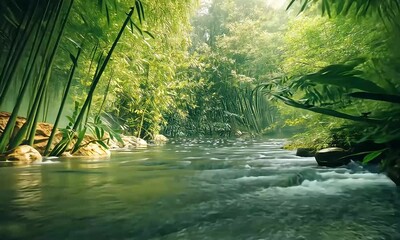Wall Mural - A serene bamboo forest with a calm waterway, reflecting lush greenery and soft light, creating a tranquil atmosphere.