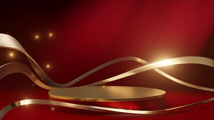 Wall Mural - elegant golden podium surrounded by flowing metallic ribbons on a rich red backdrop, perfect for pro