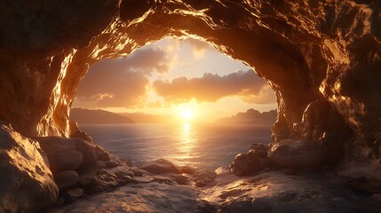 Wall Mural - Sunset view from a coastal cave.