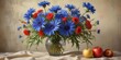 © Saksakon - Oil painting of a simple yet elegant cornflower and apple bouquet on a canvas background, colorful, bouquet, simple