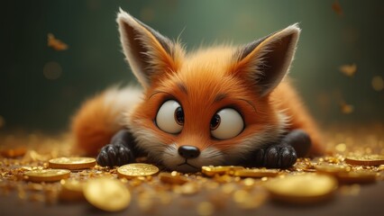 Sticker - A cute little fox laying on top of a pile of gold coins