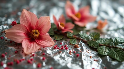 Poster - A pink flower sitting on top of a piece of tin foil