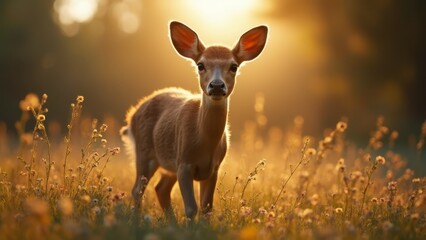 Sticker - A deer standing in a field of flowers at sunset