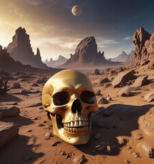 Wall Mural - A wide-angle shot of an alien landscape with a golden skull visible in the distance , sky, empty