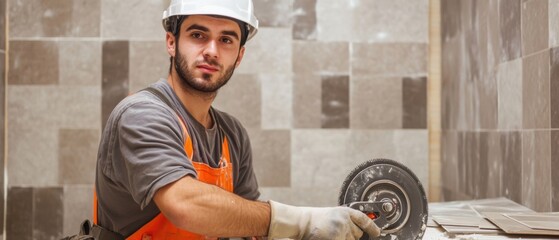 Wall Mural - A tiler in a grey work uniform and safety helmet, holding a tile cutter and looking directly at the camera, with a backdrop of a tiled floor in progress and adhesive tools