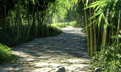 Wall Mural - A serene pathway through lush bamboo, inviting tranquility and exploration.