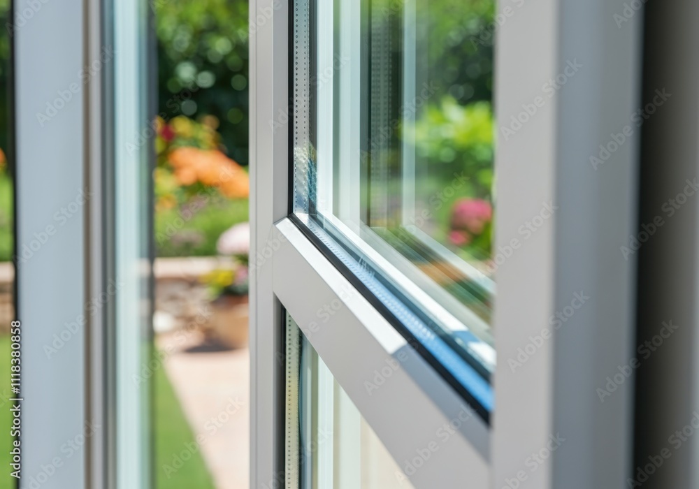 Streaming Window Frame Sunlight streaming through modern pvc window frame, illuminating room ...