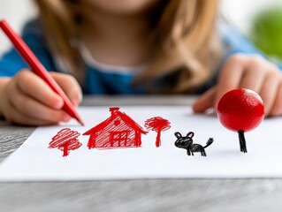 Wall Mural - A little girl drawing a house with a red ball and a black cat