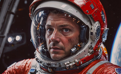Wall Mural - a man in a red space suit is staring at the camera. the image is a work of art, with a sense of myst