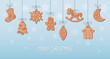 © Tatiana - Christmas background with hanging cute gingerbread cookies in snowflakes, greeting card template. Flat style illustration.