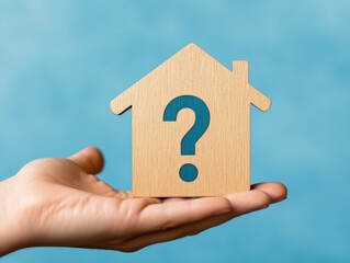 Hand holding a wooden house symbol with a question mark.