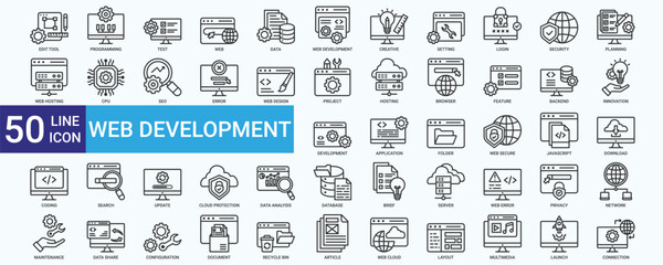 Web Development icon set with programming, data, creative, hosting, project, browser, innovation, application, coding and database
