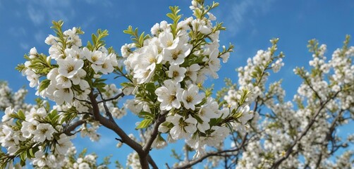 Pear tree in bloom with branches against clear blue sky , nature, blue sky