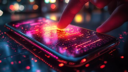 Finger interacting with vibrant data on a smartphone screen at night.