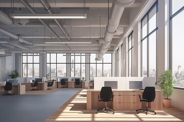 Wall Mural - Modern style high ceiling office interior with city view