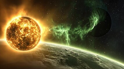 Wall Mural - a stunning cosmic spectacle showcases a brilliant sun radiating warmth alongside a distant planet
