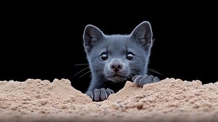 Curious Kitten in the Sand: An adorable grey kitten peeks inquisitively from a sandy mound against a stark black background. Its big, expressive eyes and delicate paws create a captivating image. 