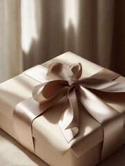 Wall Mural - Elegant beautifully wrapped gift box for Mother's Day with beige ribbon in soft window light