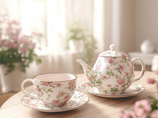 Wall Mural - Elegant tea set with floral design in soft natural light for Mother's Day