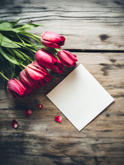 Wall Mural - Blank card on Mother's Day with red tulips on rustic wooden table in soft light