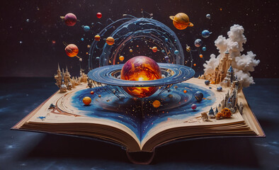 Wall Mural - the book is opened to a page with a vibrant and imaginative illustration of planets and a sun. the s
