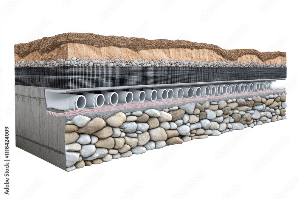 Cross-section of drainage system with soil, geotextile, pipes, and ...