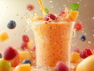 Wall Mural - A vibrant fruit smoothie splashes from a glass, surrounded by colorful pieces of fruit, exuding freshness and vitality.