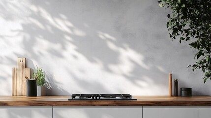 Wall Mural - Modern minimalist kitchen with sunlight streaming through window, creating beautiful shadows