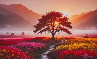 Poster - A tree is in the middle of a field of flowers. The sky is orange and the sun is setting