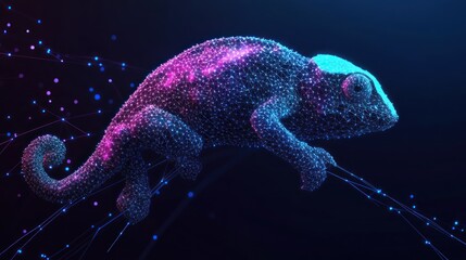 Wall Mural - Abstract polygonal chameleon, glowing lines, dark background.