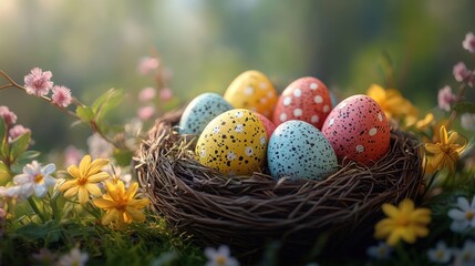 Colorful Easter eggs in a bird's nest surrounded by spring flowers. (1)