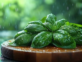 Wall Mural - Fresh basil leaves glistening with water droplets on a wooden cutting board, surrounded by a lush green background, evoking a natural, refreshing atmosphere.