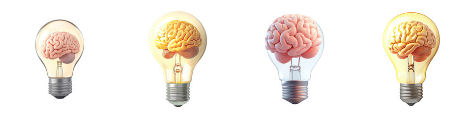 Wall Mural - lightbulb with brain - 3d set on transparent background png file