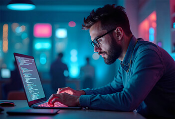 Male Data science digital technology concept computer science engineer programming on laptop