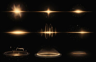 Aufkleber - Abstract light effect set with golden rays and stars on a black background, vector illustration. Isolated elements include glowing star lines, lens flare effects, and a round podium for design or pres