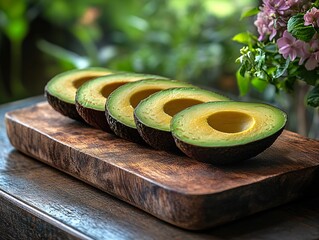 Wall Mural - Freshly sliced avocados arranged on a wooden board, surrounded by greenery, showcasing their vibrant color and creamy texture.