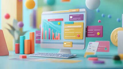 Concept of assembling a web development workplace around the background, An abstract representation of advertising and colorful object,  illustration showcasing virtual dashboard full analytics data.