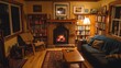 © RereArt - Cozy Living Room Fireplace Cat Bookshelves Warmth