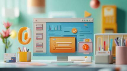 Concept of assembling a web development workplace around the background, An abstract representation of advertising and colorful object,  illustration showcasing virtual dashboard full analytics data.
