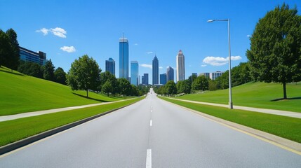 urban road leading to a city with clear blue skies
