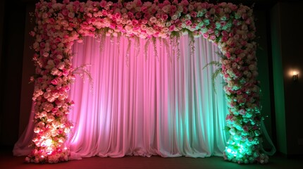Wall Mural - floral wedding arch, pink and teal lighting, romantic backdrop, flower wall, curtain drapes, event d