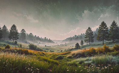 Poster - A field of grass with trees in the background. The sky is cloudy and the sun is setting