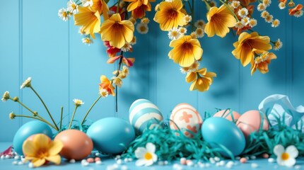 Backdrop photo of Easter backdrop for photo mini session in blue color with easter eggs and flowers   background design conveys emotion 