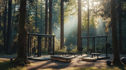 A serene outdoor gym setup in a forest clearing with natural light streaming in