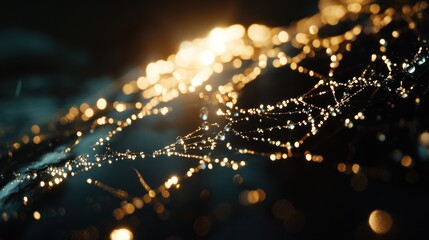 Glowing web with dew drops at night.