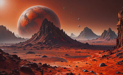 Wall Mural - a desolate landscape with a large red planet in the background. the planet is surrounded by a few sm