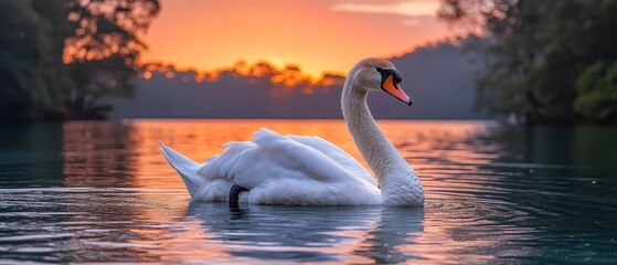 Wall Mural - A white swan floating on top of a body of water